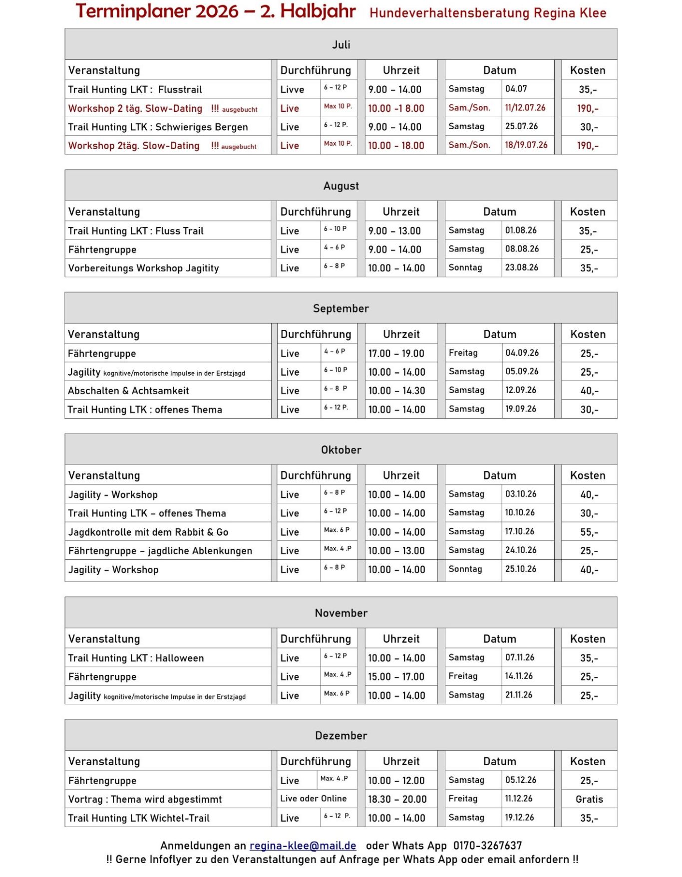 Termine 2026 der Hundeverhaltensberatung
