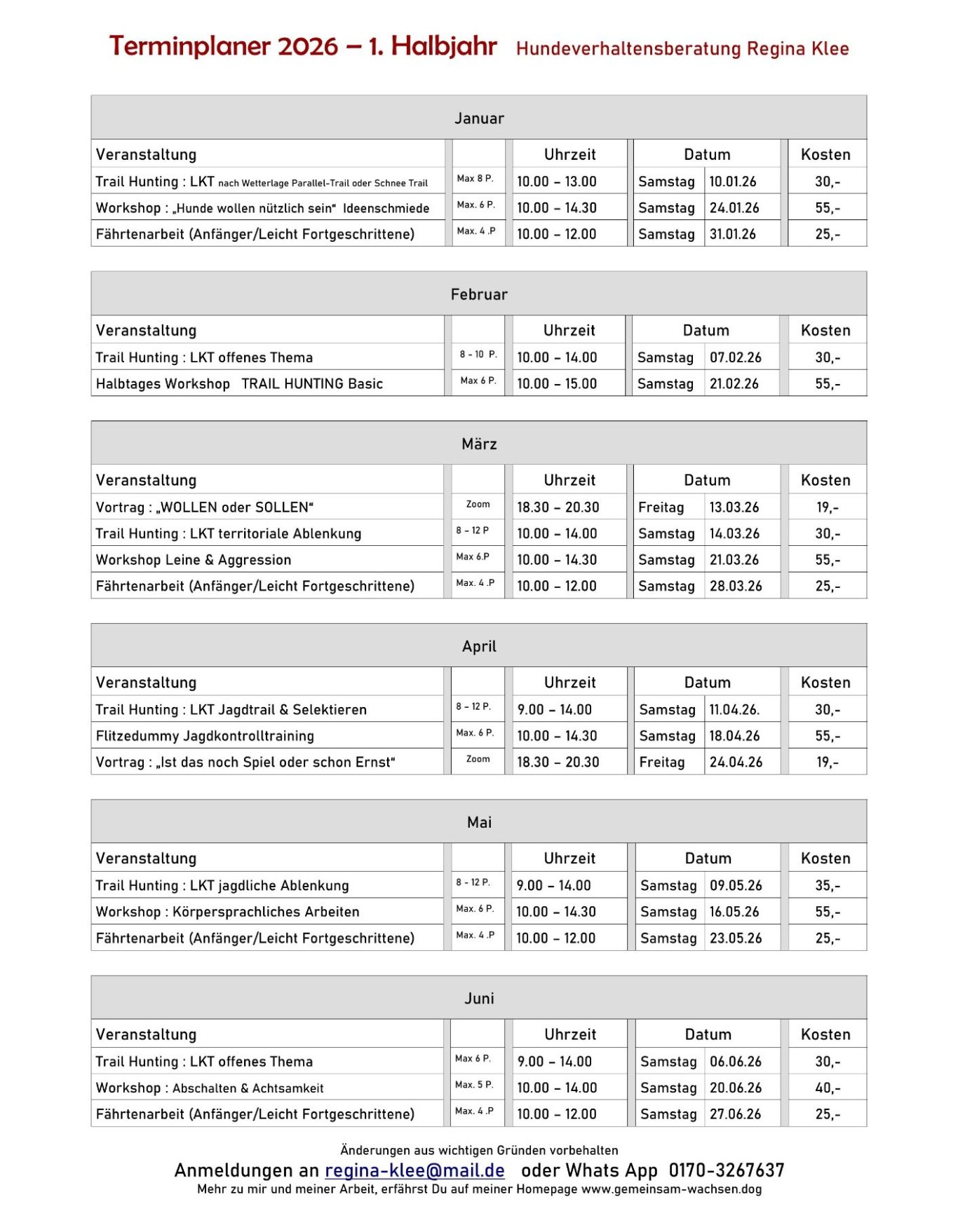 Termine 2026 der Hundeverhaltensberatung